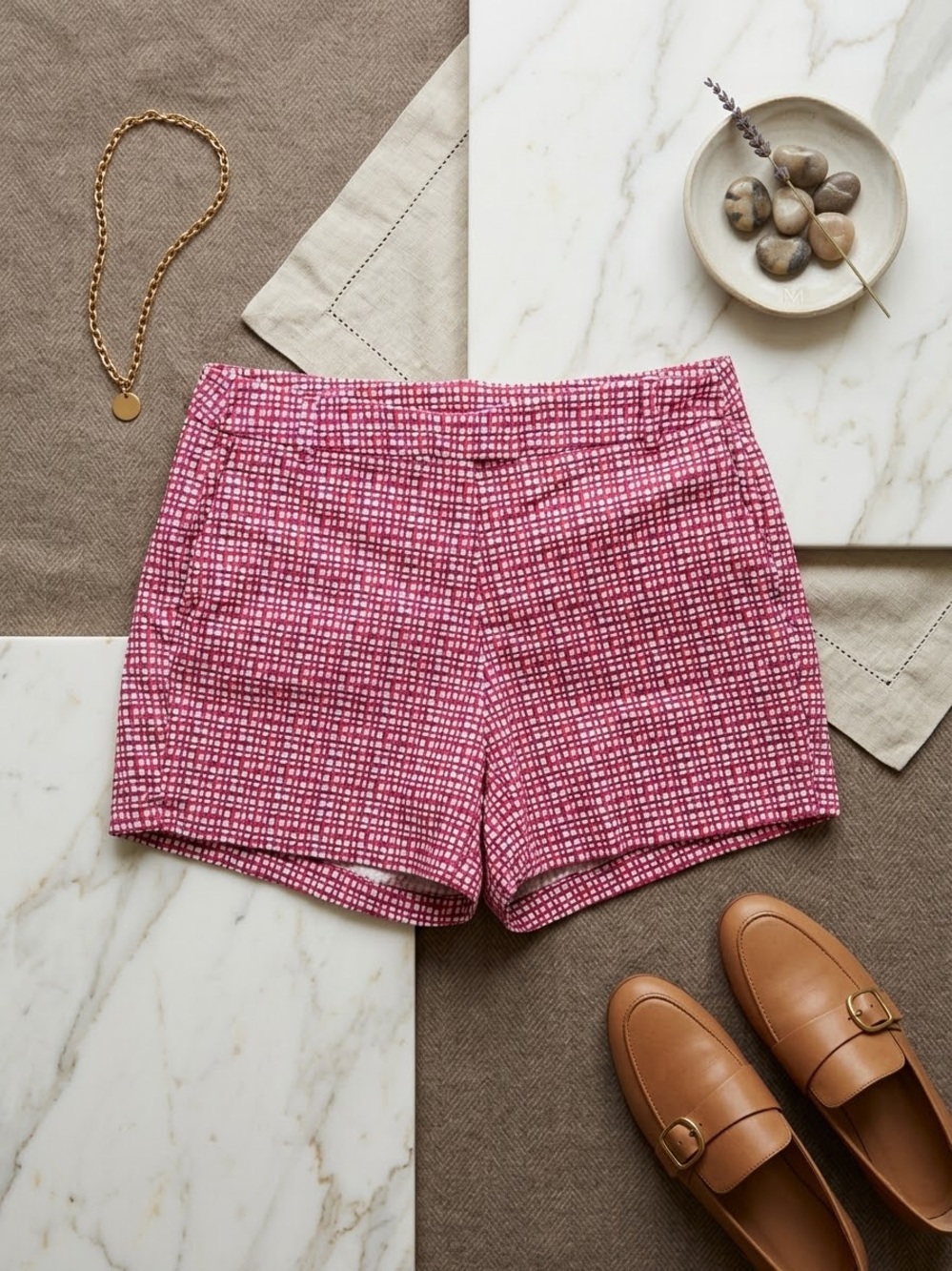 Spanx Sunshine Shorts Pink & Red Micro-Grid / Tweed Print